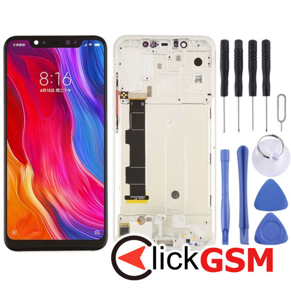 Piesa Piesa Display Cu Touchscreen Rama Si Buton Lateral Silver Xiaomi Mi 8 25kc