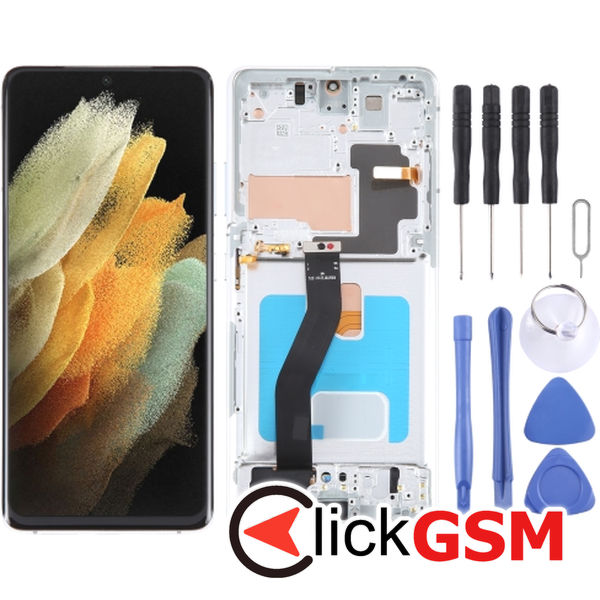 Piesa Display Cu Touchscreen Si Rama Silver Samsung Galaxy S21 Ultra 5g 4eu0