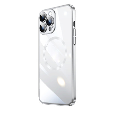 Husa Luxury MagSafe compatibila cu iPhone 14 Pro Max, Full protection, Margini colorate, Argintiu