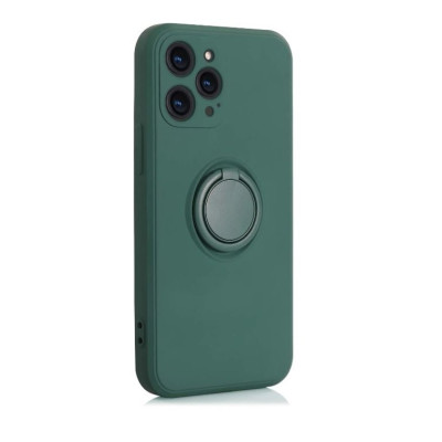 Husa compatibila cu iPhone 14 Pro Max, silicon, inel rotativ pentru prindere magnetica, interior din catifea, Verde inchis
